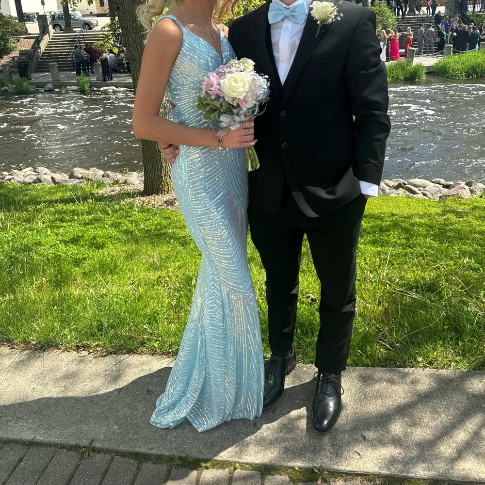 Windsor Blue Sequin Prom Dress with Plunging Neckline - Picture 11 of 11